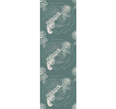 Papel de parede de cor verde e branco com produtode revólver do cowboy atirando rosas. é lindo e preenche qualquer espaço com as vibrações dos cowboys.