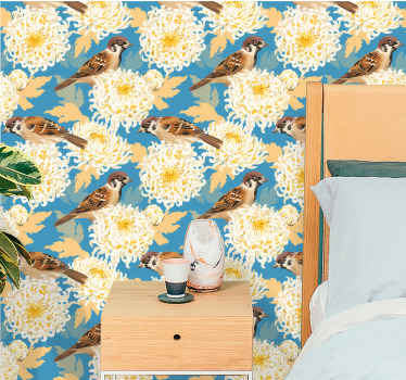 Krysantemumspurve tapet med fugle - TenStickers