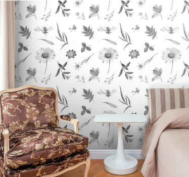 Papel tapiz flores bocetos florales - TenVinilo