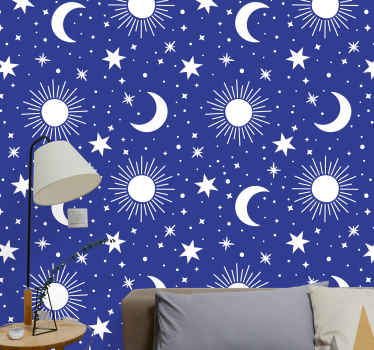Papel pintado de estrellas Estrellas blancas y lunas fondo azul - TenVinilo