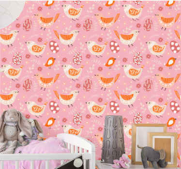 Rosa folkkonst mönster fåglar blommig tapet - Tenstickers