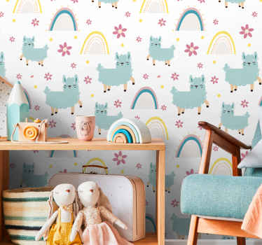 Papel tapiz bebé patrón de arcoíris de alpaca - TenVinilo