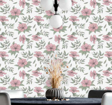 Pink floral motif dining room wallpaper - TenStickers
