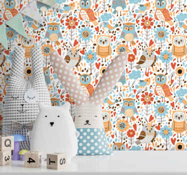 papel de parede quarto de bebé padrão floral de corujas - TenStickers