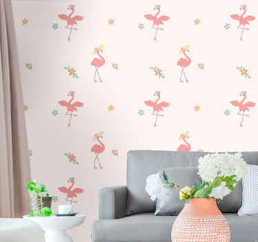 Papier peint moderne Flamants roses avec chapeaux et fleurs - TenStickers