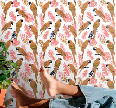 papel de parede para sala Papagaios laranja com flores rosa - TenStickers