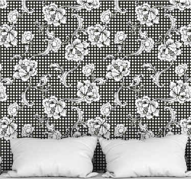 Papel pintado salón Patrón de cuadros vichy vintage en blanco y n - TenVinilo