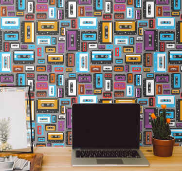 80s cassette tape pattern vintage wallpaper - TenStickers