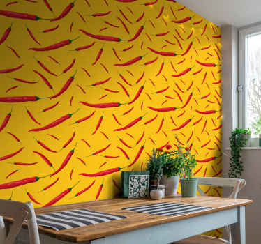 Papel pintado cocina amarillo patrón pimientos - TenVinilo