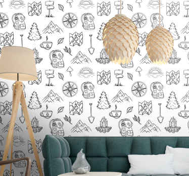 Papel pintado selva Brújula dibujada a mano, animales de montaña - TenVinilo