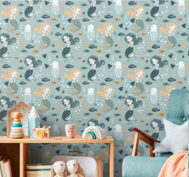 Blå magisk havfrue mønster børn tapet - TenStickers