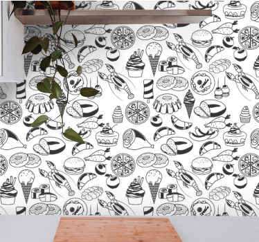 Black and white food pattern kitchen wallpaper - TenStickers