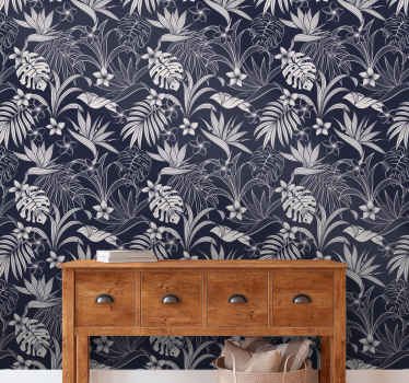 Gray tropical Hamptons pattern flower wallpaper - TenStickers