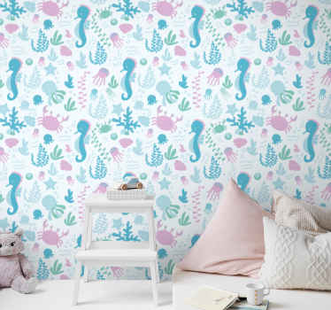 Papel pintado infantil Animales y plantas marinas de color pastel - TenVinilo