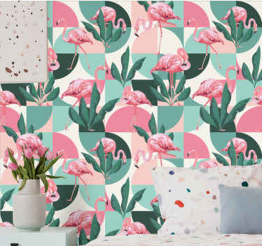 Papel tapiz selva patrón tropical de flamencos - TenVinilo