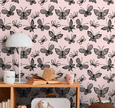 Papel tapiz mariposas patrón negro y rosa - TenVinilo