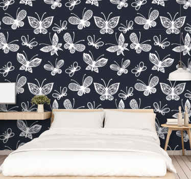 Papel tapiz mariposas patrón de mariposa blanca y azul profundo - TenVinilo