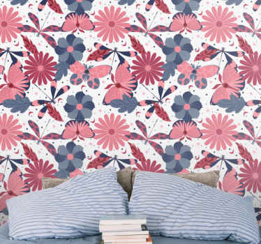 Pink butterfly pattern flower wallpaper - TenStickers