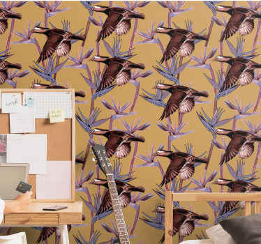 Flokkende tropisk motiv tapet med fugle - TenStickers