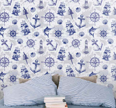 Compass and sailboat pattern children wallpaper - TenStickers