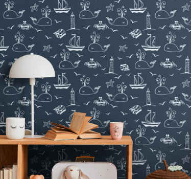 Hval nautiske scene tapet med fisk - TenStickers
