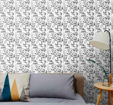 Papier peint feuilles motif gris sur fond blanc - TenStickers