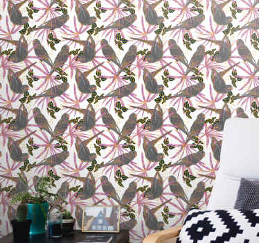 Farverige blade tapet med fugle - TenStickers