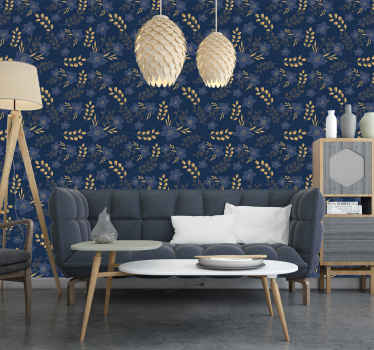 Tapete Wohnzimmer dunkelblau goldenes Blumenmuster - TenStickers