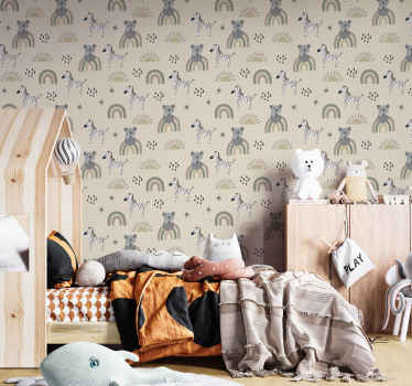 Tiere Tapete beiges und graues kindermuster - TenStickers