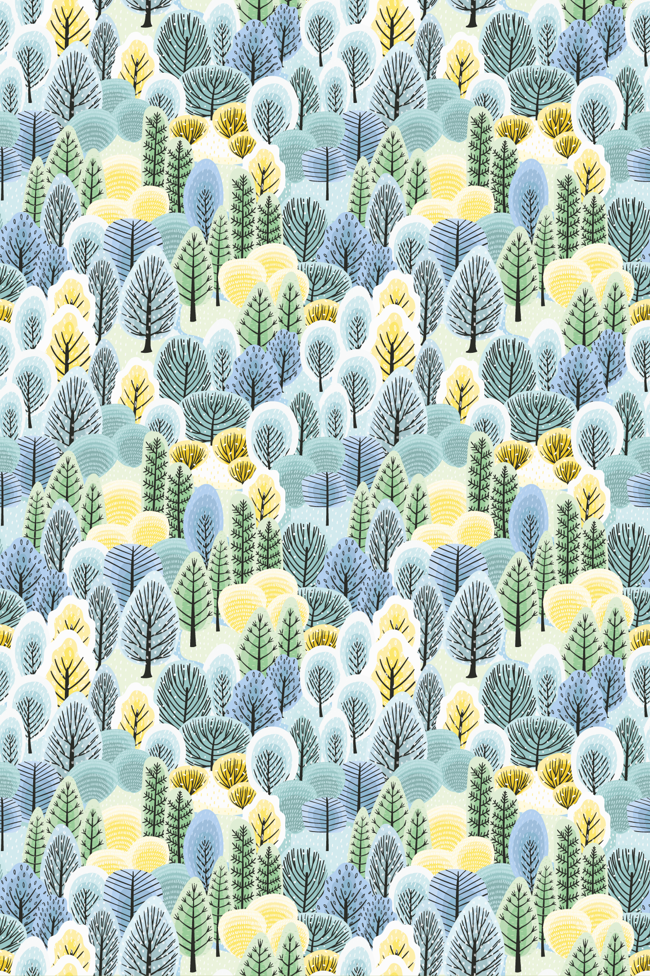 Tenstickers Behang scandinavi&euml; groene en gele artistieke bomen