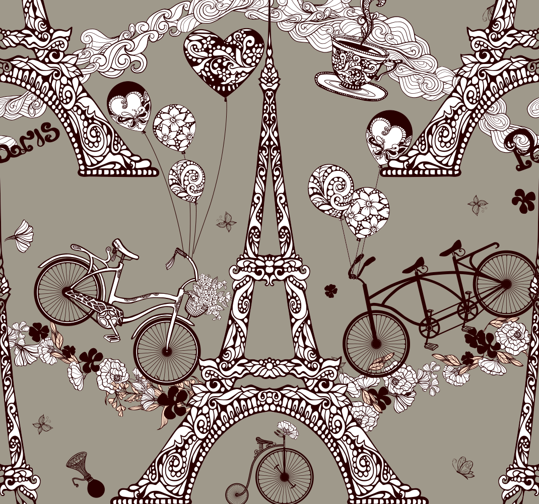 romantic paris coffee pattern Contemporary Wallpaper - TenStickers