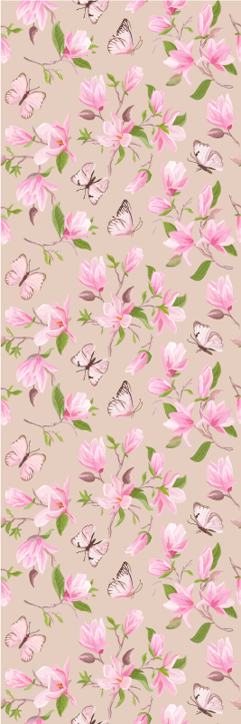 Papel pintado de flores Magnolia rosa y diseño de mariposa - TenVinilo