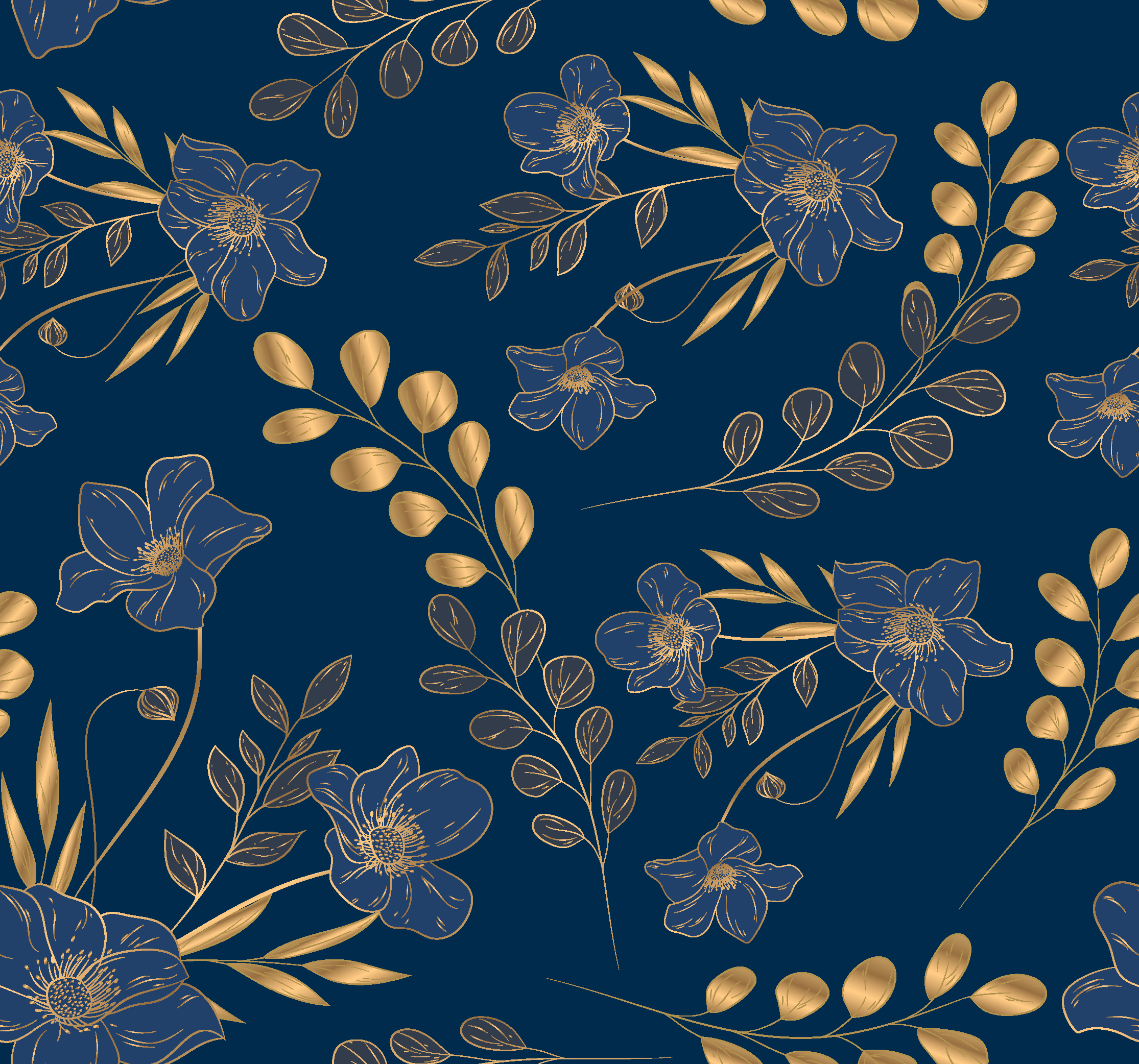 Tapete Wohnzimmer dunkelblau goldenes Blumenmuster - TenStickers