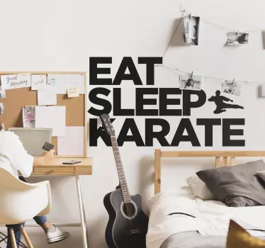 The wall sticker consists of the text "Eat, Sleep, Karate" with a silhouette figure carrying out a flying kick.