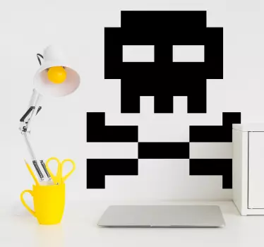 An original wall sticker design of a skull and bones in pixel form. A perfect decoration for gamers and IT geeks.