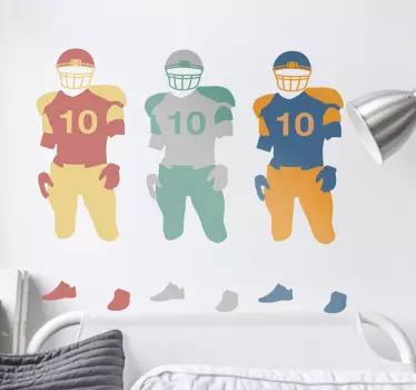 This decorative wall sticker featuring an original design of a couple of football players in different colours..