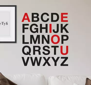 Text wall stickers with an elegant representation of an alphabet composed with a Helvetic font, all the vowels are in red.