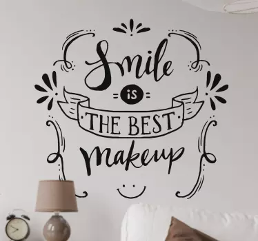 Motivational quote wall sticker with the English phrase "a smile is the best makeup" with an elegant design, ideal to decorate any room in your house.