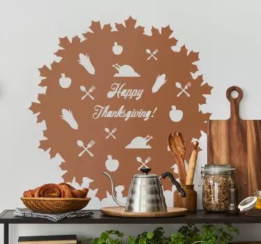 Traditional thanksgiving sticker with motives of all that we love at the feast; Turkey, cutlery, corn and the text “Happy thanksgiving”