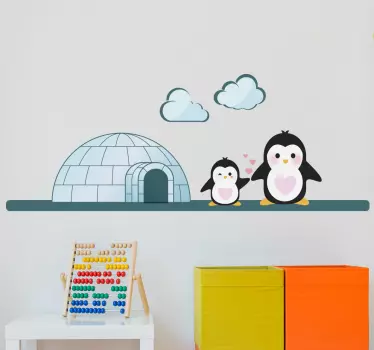 Decorate your child's room with our colorful igloo sticker. On this sticker there are 2 penguins on the ice floe at the entrance of their igloo.