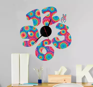 Wall clock sticker designed with multicolored numbers  to decorate any flat space of choice. It is self adhesive and available in any size needed.
