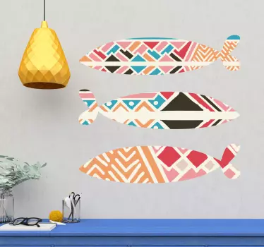 Fish wall art vinyl sticker designed with multicolored geometric prints to form sardine fish shape. We have it in any size you would need.