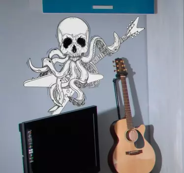 Guitar Stickers and Rock Stickers - This original design shows an octopus with a skull face playing on the electric guitar. The skull sticker is a must for real rock and heavy metal fans.