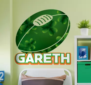 An Irish Rugby wall sticker that can be personalised with any name you want. The personalised name sticker is for your kids bedroom  to show their support for the IRFU.