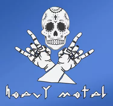 Musical theme vinyl decal designed with skull and hand sign. It is available in different size options. Adhesive and easy to apply.