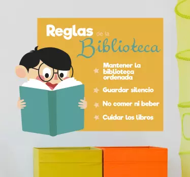 Educational sticker for kids with school library rules. It is easy to apply and available in any required size. Self adhesive and durable.