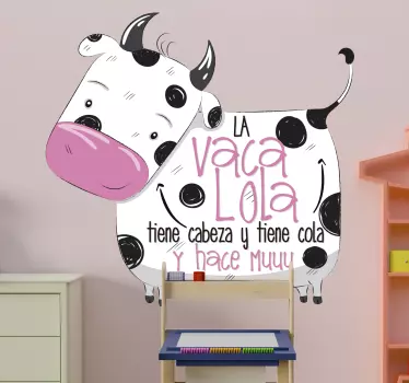Farm animal wall decal for children room decoration. It is designed with a cow and cow lola nursery rhyme. Easy to apply, adhesive and durable.