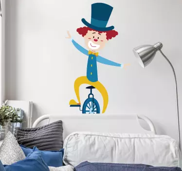 Kids Wall Stickers -Fun, colourful and playful illustration of a clown on a unicycle. Ideal for decorating bedrooms and areas for children.
