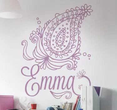 Flower wall art sticker with design of ornamental paisley in monochrome. It is personalisable in any required name and it application is easy.