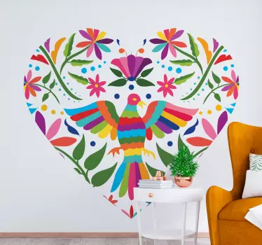 A beautiful geometric heart shape wall sticker featured with various birds in tenango style. It is easy to apply and self adhesive.